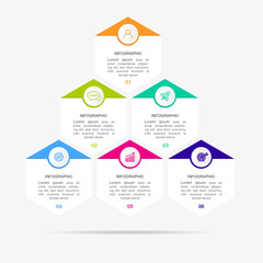 pyramid hexagon style infographic template icons with 6 option steps. Timeline design for brochure, presentation. Infographic design layout