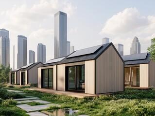 peak energy generation sustainability Concept. Modern wooden houses amidst a vibrant urban skyline and lush greenery.