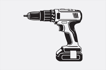 A minimalist black-and-white illustration of a cordless power drill focusing on clean lines and a modern design.