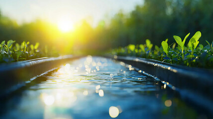 close up view of sustainable irrigation system with fresh water flowing through channels surrounded by green plants sunlight