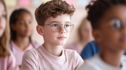 focused young boy with glasses attentively listens in diverse classroom setting