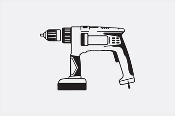 A minimalist black-and-white illustration of a cordless power drill focusing on clean lines and a modern design.