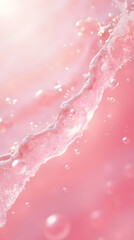 Close-up texture of transparent pink water with splashes and bubbles under sunlight. Trendy abstract summer nature background. Beauty, spa, cosmetics, travel and vacation concept.