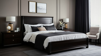 A middle-class family clean simple high-end bedroom, mainly black, supplemented by gray and a small amount of white, furniture bed is quite textured, there is a clean wall, simple carpet.