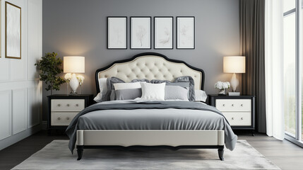 A middle-class family clean simple high-end bedroom, mainly black, supplemented by gray and a small amount of white, furniture bed is quite textured, there is a clean wall, simple carpet.