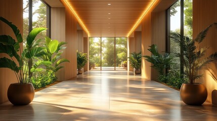 Obraz premium Minimalist Modern Office Corridor with Natural Lighting and Greenery