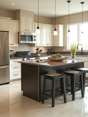 Modern Kitchen Island With Granite Countertop And Stools