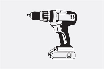 A minimalist black-and-white illustration of a cordless power drill focusing on clean lines and a modern design.