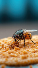 close up of fly feeding on sugar, showcasing intricate details and textures