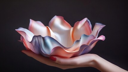 A hand holds a delicate, pastel-colored, flower-shaped bowl.