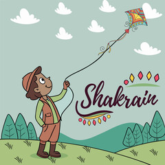 Makar shakrain man, happy little boy playing colorful kite.(vector)