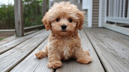 Cute fluffy puppy sitting on wooden deck in bright daylight enjoying the outdoors