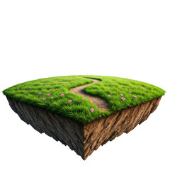 floating soil terrain, grassy field patch, suspended earth, levitating ground with grass, floating meadowland, isolated soil with short grass, grassland on hovering ground