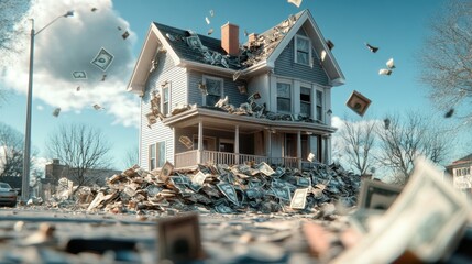 Money-overflowing house urban environment digital art surreal imagery financial concept for wealth visualization