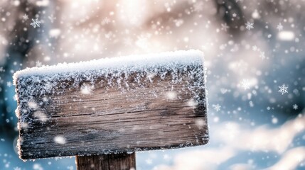 A close-up of a wooden sign frosted with snow, surrounded by a dreamy winter scene of falling snowflakes and festive holiday cheer. --ar 16:9 --v 6.1 Job ID: 9e5e19dd-b72c-4af4-b714-b93c6317fa74