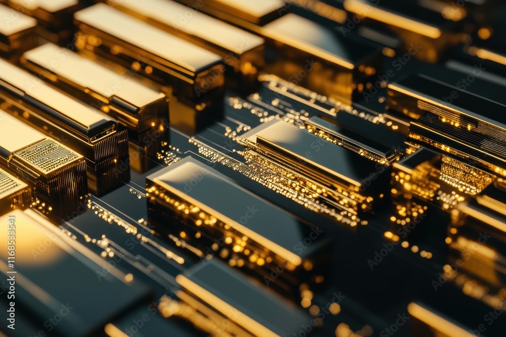 Poster golden circuit board components displaying intricate design and modern technology elements