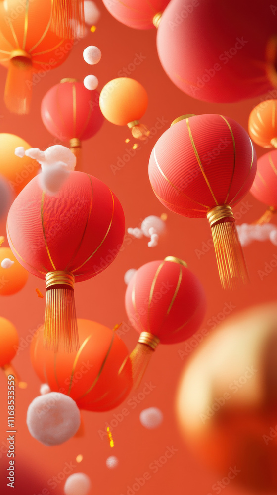 Poster Floating red lanterns create festive atmosphere with vibrant colors and soft clouds