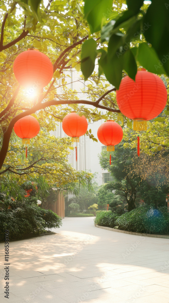 Poster bright red lanterns hanging from trees in serene garden pathway, surrounded by lush greenery and sof