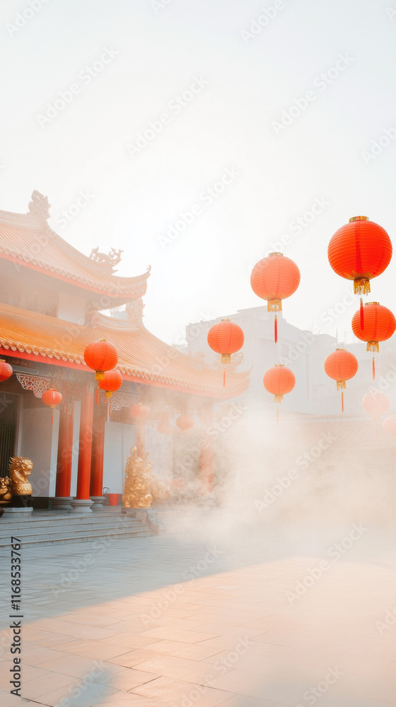 Poster serene temple scene with red lanterns and misty atmosphere
