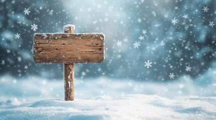 Fototapeta premium A simple wooden sign with a snowy backdrop, surrounded by delicate snowflakes falling gently, encapsulating the tranquility of Christmas.