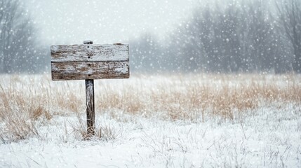 Fototapeta premium A simple wooden sign with a snowy backdrop, surrounded by delicate snowflakes falling gently, encapsulating the tranquility of Christmas.