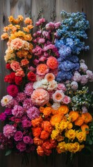 Brightly colored bouquet of wildflowers arranged against a wooden background