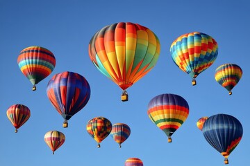 Obraz premium Hot air balloons floating in a bright blue sky during a vibrant festival event