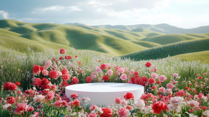 A white podium encircled by red and pink roses, set in a field of wildflowers with rolling hills in the background.