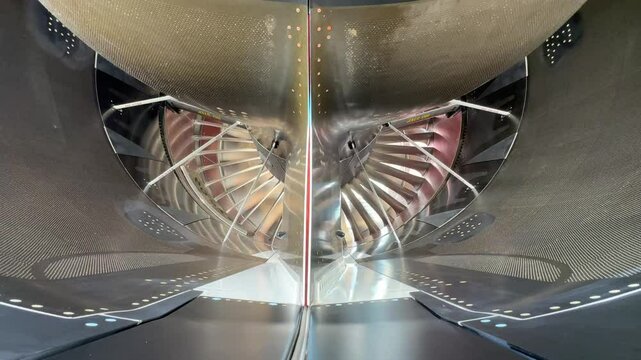 close-up look footage, inside a brand new, clean rear part of a high-bypass turbofan Jet Airplane Engine rotating (turning) in the wind - windmilling - 4k video footage