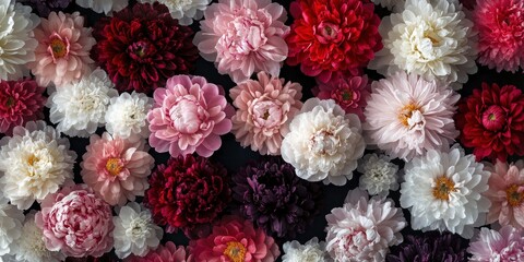 a dense floral pattern of peonies and chrysanthemums in white and red color