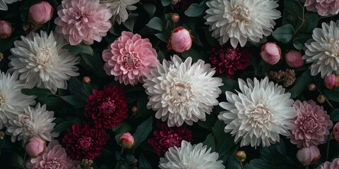 a dense floral pattern of peonies and chrysanthemums in white and red color