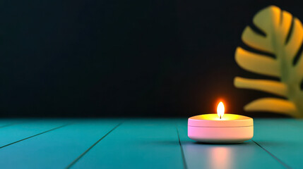 A serene candle flickers softly on a teal surface, illuminated by its gentle glow, with a green leaf adding a touch of nature in the background.
