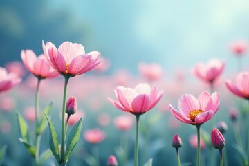 Fototapeta premium Faded pastel pink flowers blooming in a field of soft blue grass, natural blooms, grassy fields