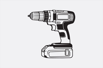 A minimalist black-and-white illustration of a cordless power drill focusing on clean lines and a modern design.