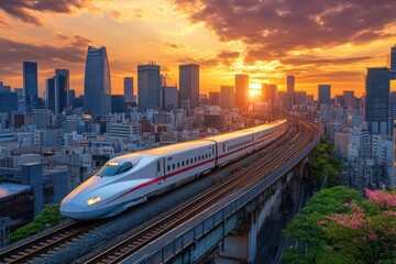 Naklejka premium Train Gliding Along Elevated Tracks at Golden Hour