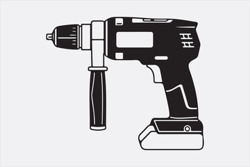 A minimalist black-and-white illustration of a cordless power drill focusing on clean lines and a modern design.
