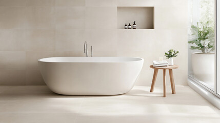 Fototapeta premium Modern bathroom with freestanding tub, minimalist decor, and natural light