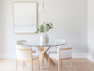 Modern dining room with round glass table and white chairs