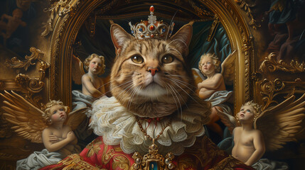 Fototapeta premium Regal cat wearing a crown and royal clothing with worshipping cherubs surrounding its throne. Funny pet portrait.