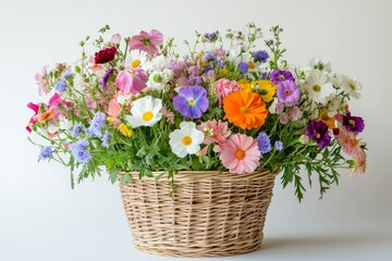 Colorful flower arrangement in a woven basket on a neutral background