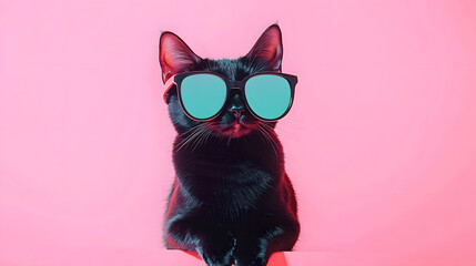Fototapeta premium Creative animal concept. cat Ankara kedisi in sunglass shade glasses isolated on solid pastel background, commercial, editorial advertisement, surreal surrealism