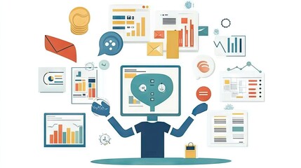 Illustration of a person with a computer head surrounded by data and communication icons.