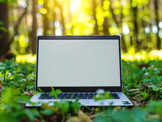 An eco-friendly laptop is displayed in a natural setting, highlighting the blend of technology and nature. Perfect for remote work and travel, this image embodies the freedom of working outside the ty