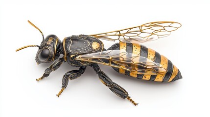 A close-up of a bee, showcasing its intricate body structure and vibrant black-and-yellow coloration.
