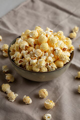 Homemade Kettle Corn Popcorn in a Bowl, side view.
