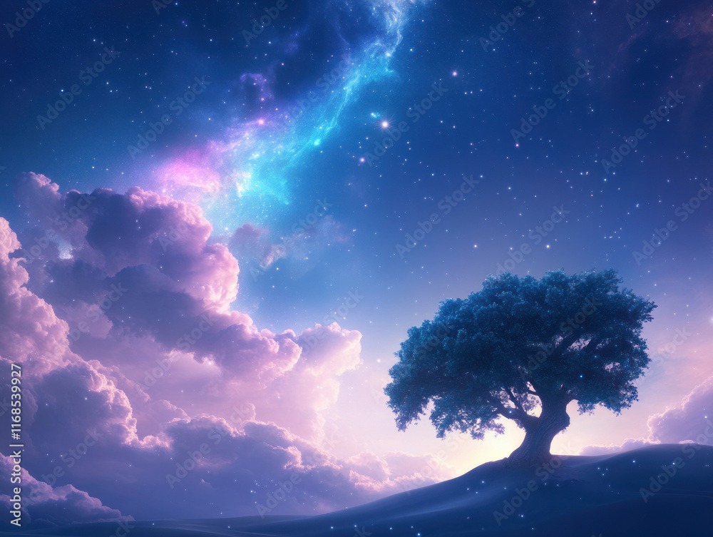 Aufkleber serene tree under starry sky with colorful cosmic clouds