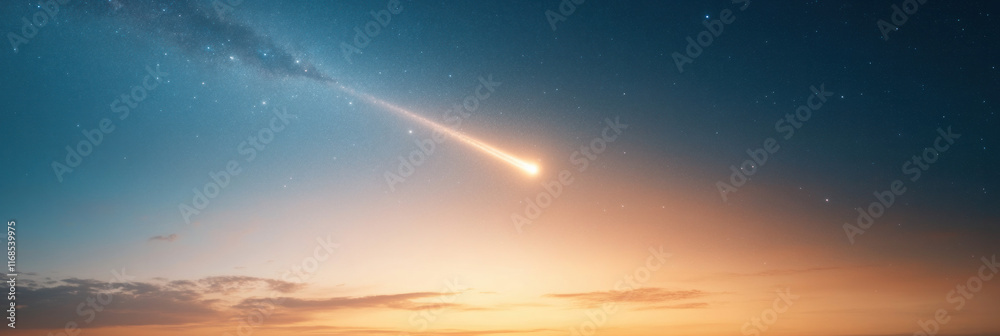 Poster bright comet streaks across twilight sky filled with stars, creating stunning celestial display