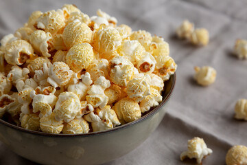 Homemade Kettle Corn Popcorn in a Bowl, low angle view. Close-up.