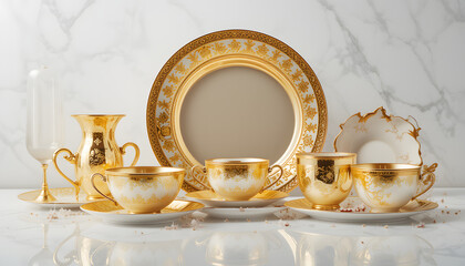 Luxurious gilded porcelain tableware set with intricate designs

