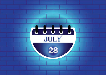 Obraz premium A digital illustration of a calendar page showing July 28th. The calendar is depicted against a blue brick wall background, illuminated by a soft glow, creating a visually appealing design.
